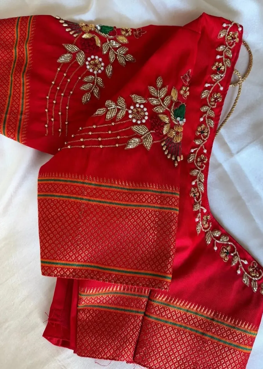 Red Thread Floral Maggam Work Designer Blouse – Bridal & Festive Wear