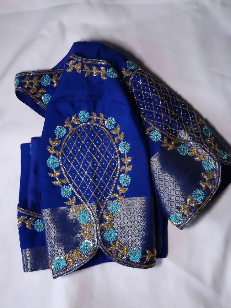 Royal Blue Designer Floral Maggam Work Blouse Elegant Bridal & Partywear Ethnic Blouse