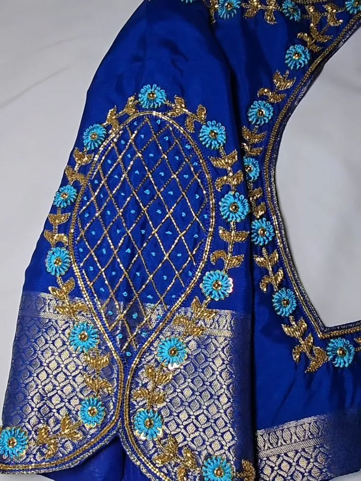 Royal Blue Designer Floral Maggam Work Blouse Elegant Bridal & Partywear Ethnic Blouse