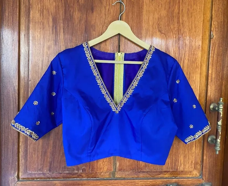 Royal Blue V-Neck Zardosi Maggam Work Blouse Elegant Bridal & Party Wear