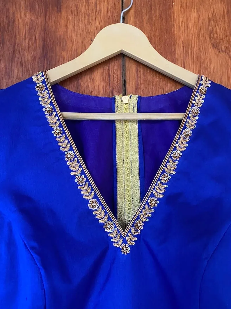 Royal Blue V-Neck Zardosi Maggam Work Blouse Elegant Bridal & Party Wear