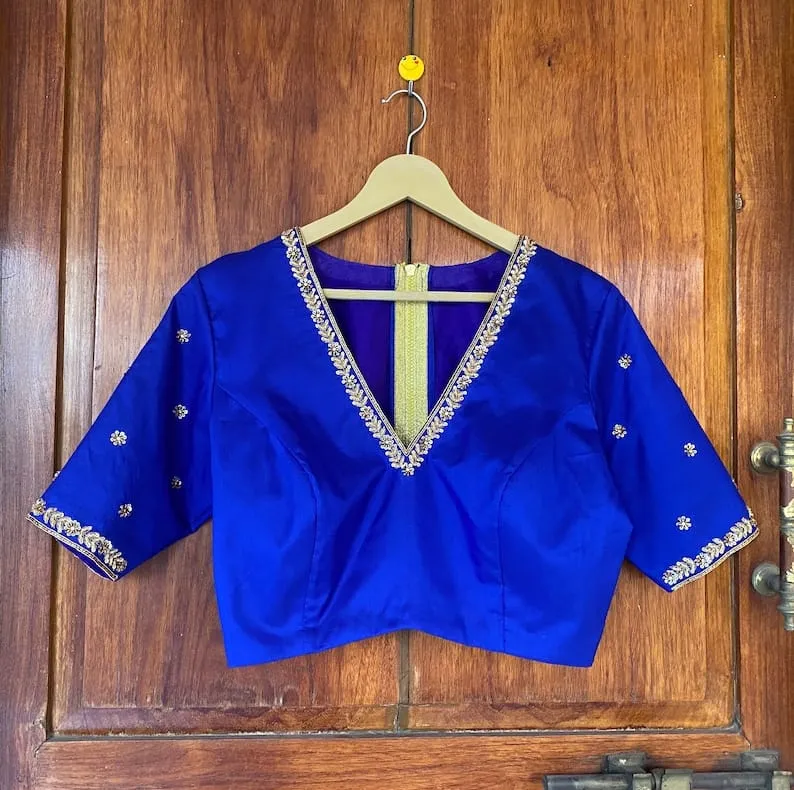 Royal Blue V-Neck Zardosi Maggam Work Blouse Elegant Bridal & Party Wear