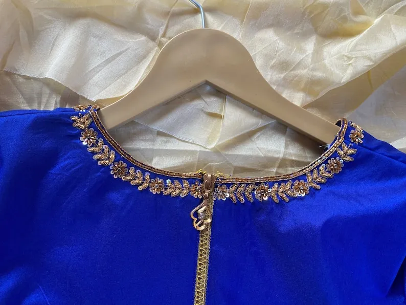 Royal Blue V-Neck Zardosi Maggam Work Blouse Elegant Bridal & Party Wear