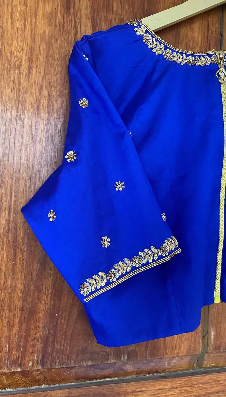 Royal Blue V-Neck Zardosi Maggam Work Blouse Elegant Bridal & Party Wear