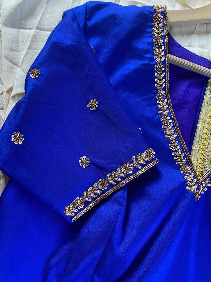 Royal Blue V-Neck Zardosi Maggam Work Blouse Elegant Bridal & Party Wear