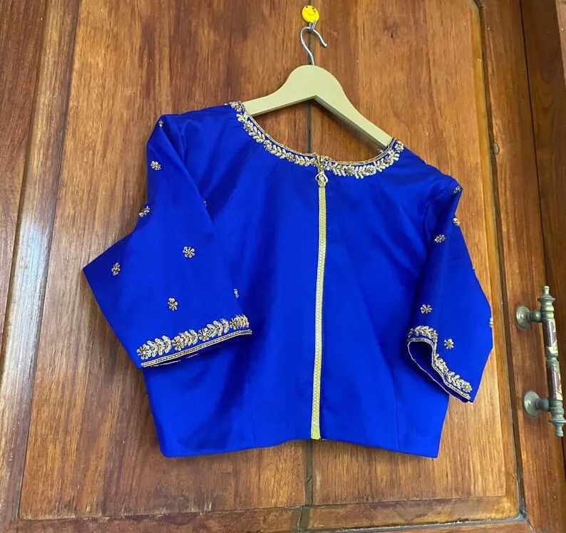 Royal Blue V-Neck Zardosi Maggam Work Blouse Elegant Bridal & Party Wear