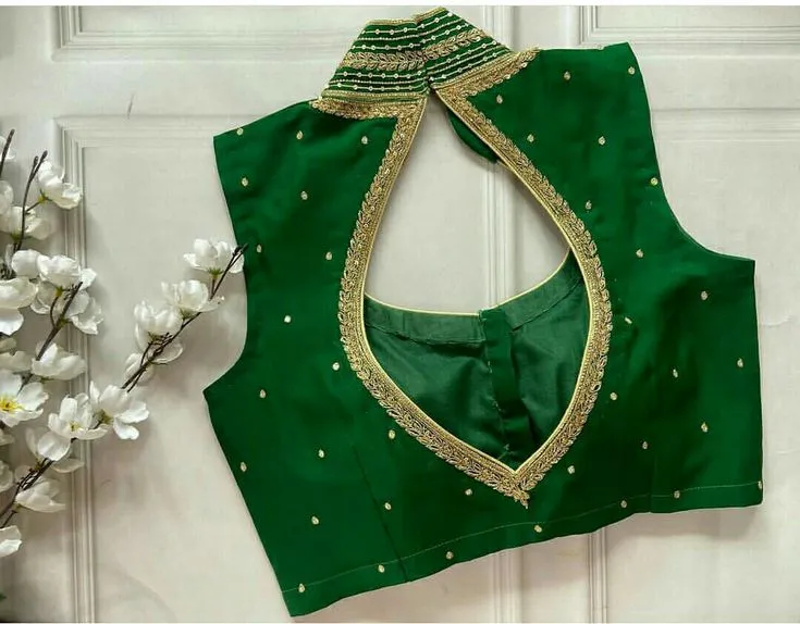 Royal Leaf Green Halter Neck Maggam Work Blouse Designer Wedding Wear Elegance