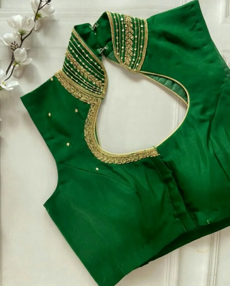 Royal Leaf Green Halter Neck Maggam Work Blouse Designer Wedding Wear Elegance