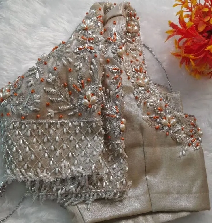 Silver Tissue Grand Wedding Blouse with Intricate Maggam Work Luxe Bridal Wear for Special Occasions