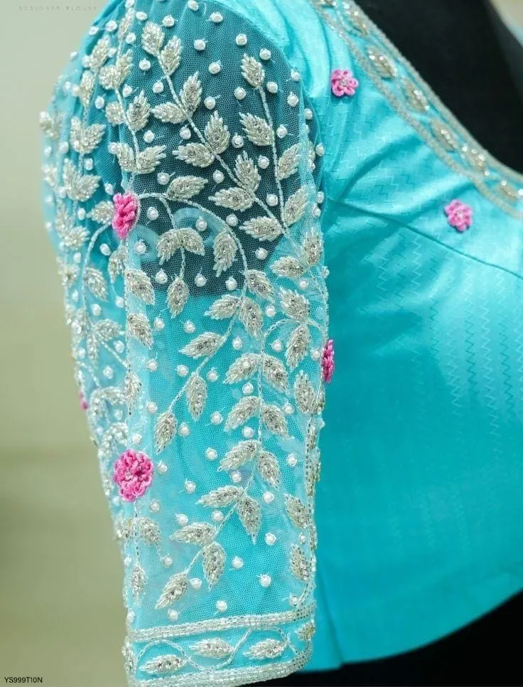 Sky Blue Net Grand Wedding Blouse Elegant Designer Maggam Work Bridal Wear