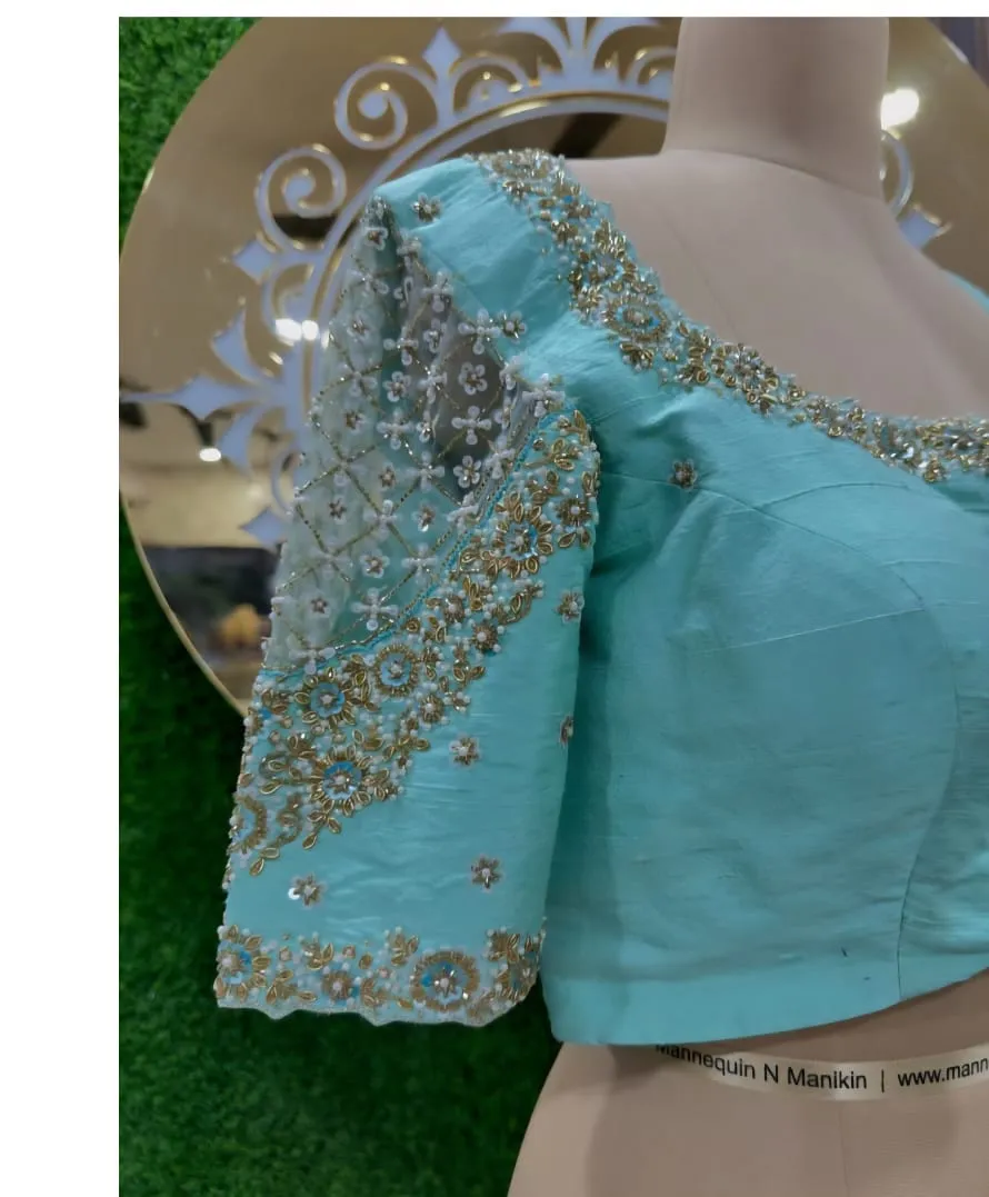 Sky Blue V-Neck Maggam Work Blouse Trending Designer Bridal Blouse with Custom Fit
