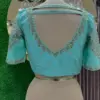 Sky Blue V-Neck Maggam Work Blouse Trending Designer Bridal Blouse with Custom Fit