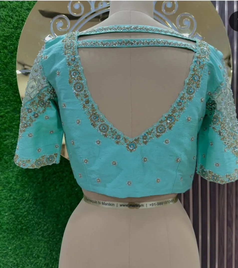Sky Blue V-Neck Maggam Work Blouse Trending Designer Bridal Blouse with Custom Fit