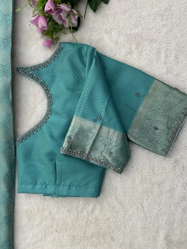 Stunning Dull Blue Zardosi Maggam Work Blouse Minimal Elegance for Bridal & Festive Looks
