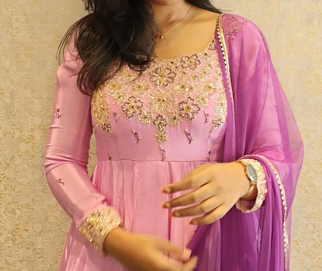 Stunning Lilac Designer Maggam Work Customized Long Frock Bridal & Partywear Gown for Women