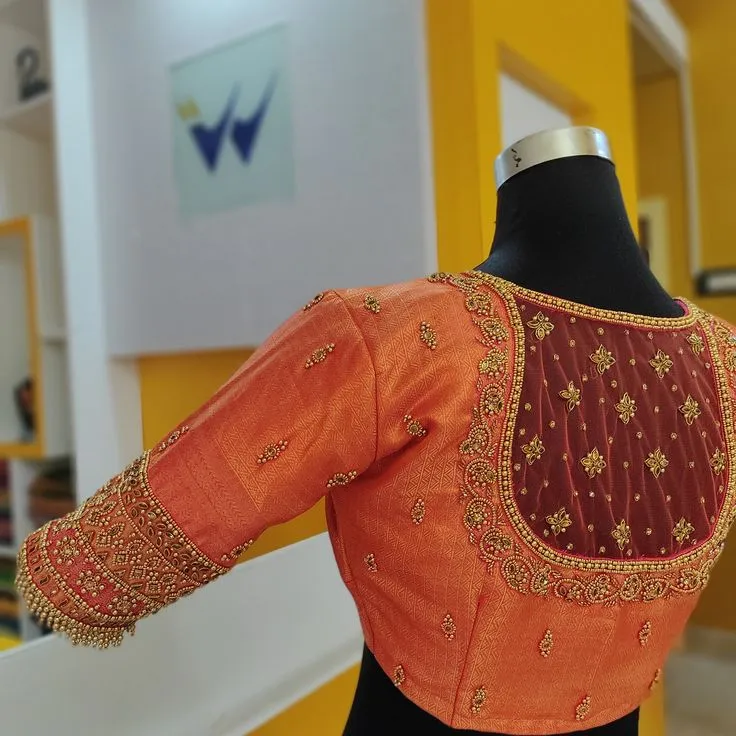 Stunning Orange Zardosi Designer Net Maggam Work Blouse Bridal & Partywear Ethnic Blouse Design