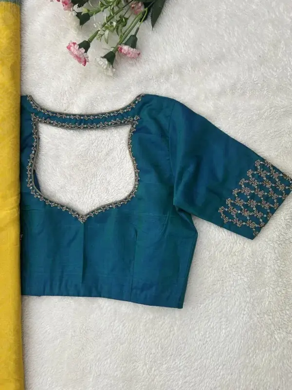 Stylish Peacock Blue Maggam Blouse Minimal Yet Grand Designer Wear