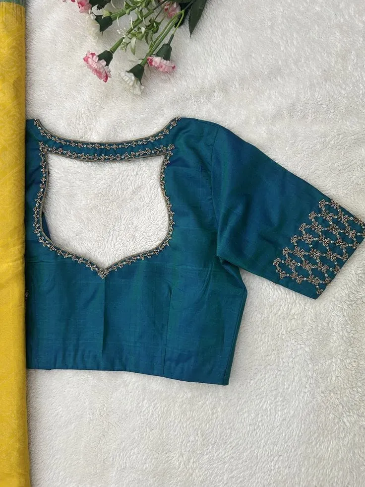 Stylish Peacock Blue Maggam Blouse Minimal Yet Grand Designer Wear