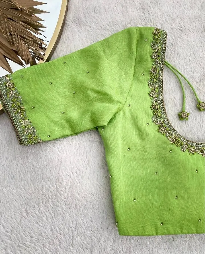 Stylish Pista Green Minimalist Maggam Work Blouse Customizable Fit