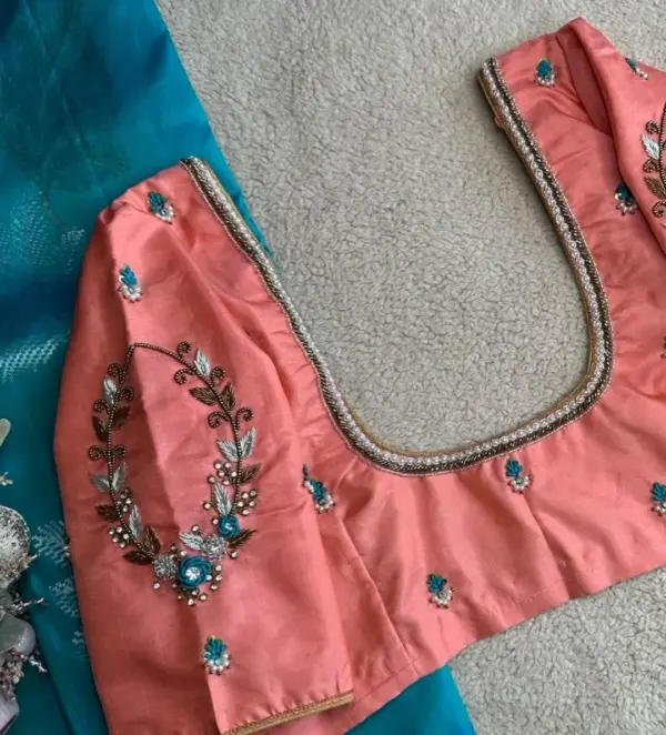 Trendy Peach Minimal Maggam Work Blouse for Party & Festive Looks