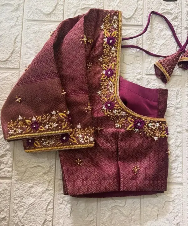Wine Colour Wedding Maggam Blouse Minimal Zardosi & Aari Work Design