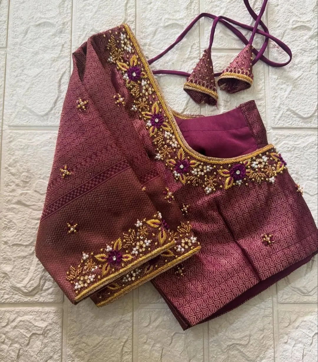 Wine Colour Wedding Maggam Blouse Minimal Zardosi & Aari Work Design