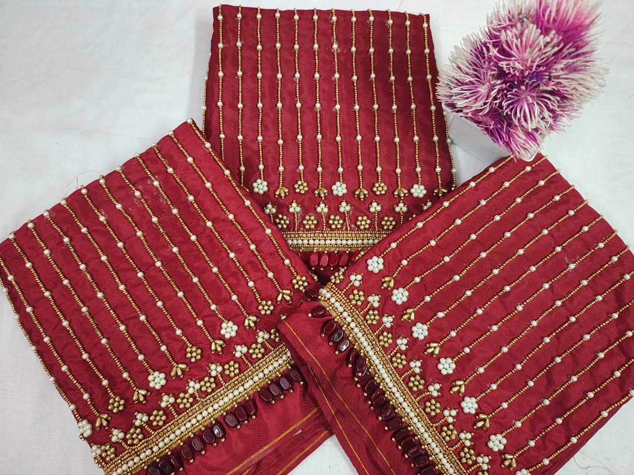Affordable Blue Designer Aari Work Blouse with Elegant Bead Lines