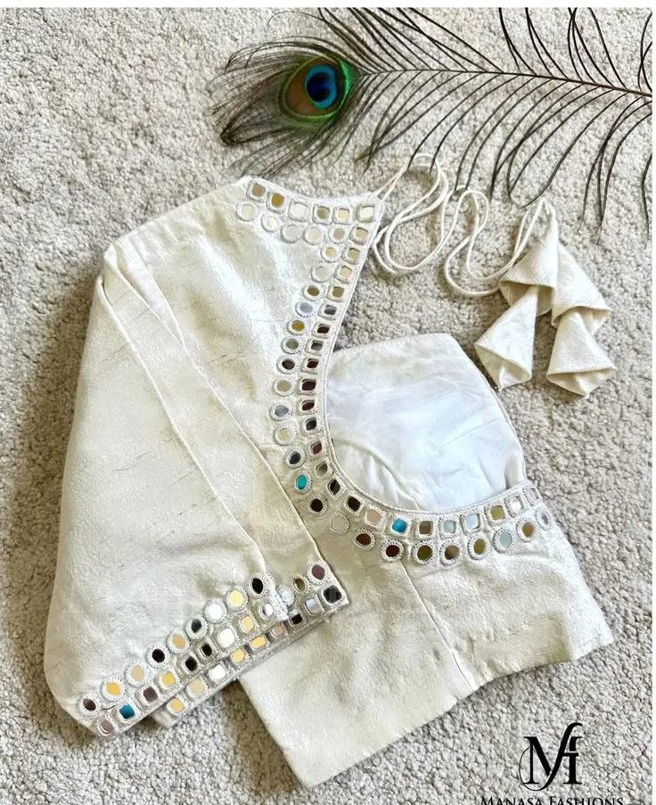 Affordable Glamour Half white Fancy Mirror Maggam Work Blouse for Any Occasion