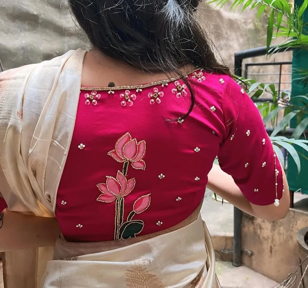 Budget-Friendly Pink Lotus Maggam Work High Neck Blouse Ready-to-Wear Trending Fashion