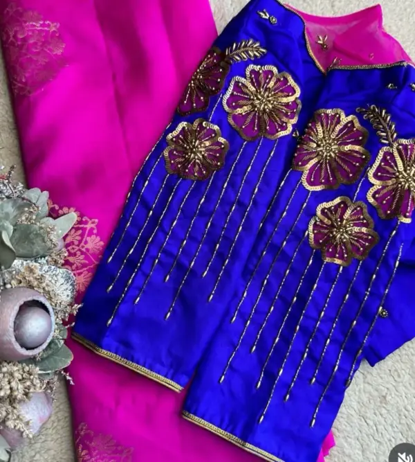 Buy Online Blue Net Shoulder Maggam Work Blouse Exclusive Designer Bridal Wear at Best Price