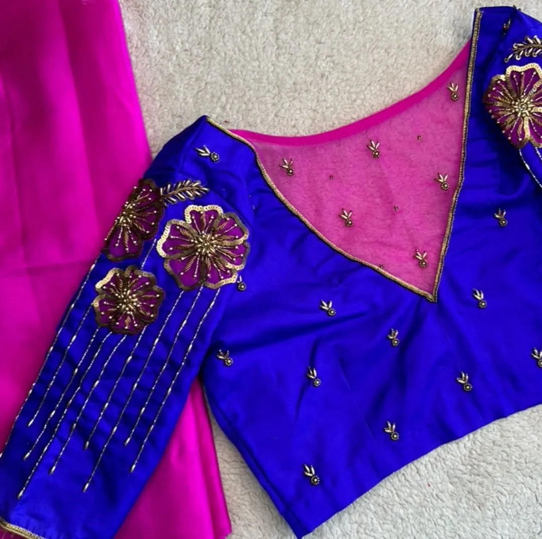 Buy Online Blue Net Shoulder Maggam Work Blouse Exclusive Designer Bridal Wear at Best Price