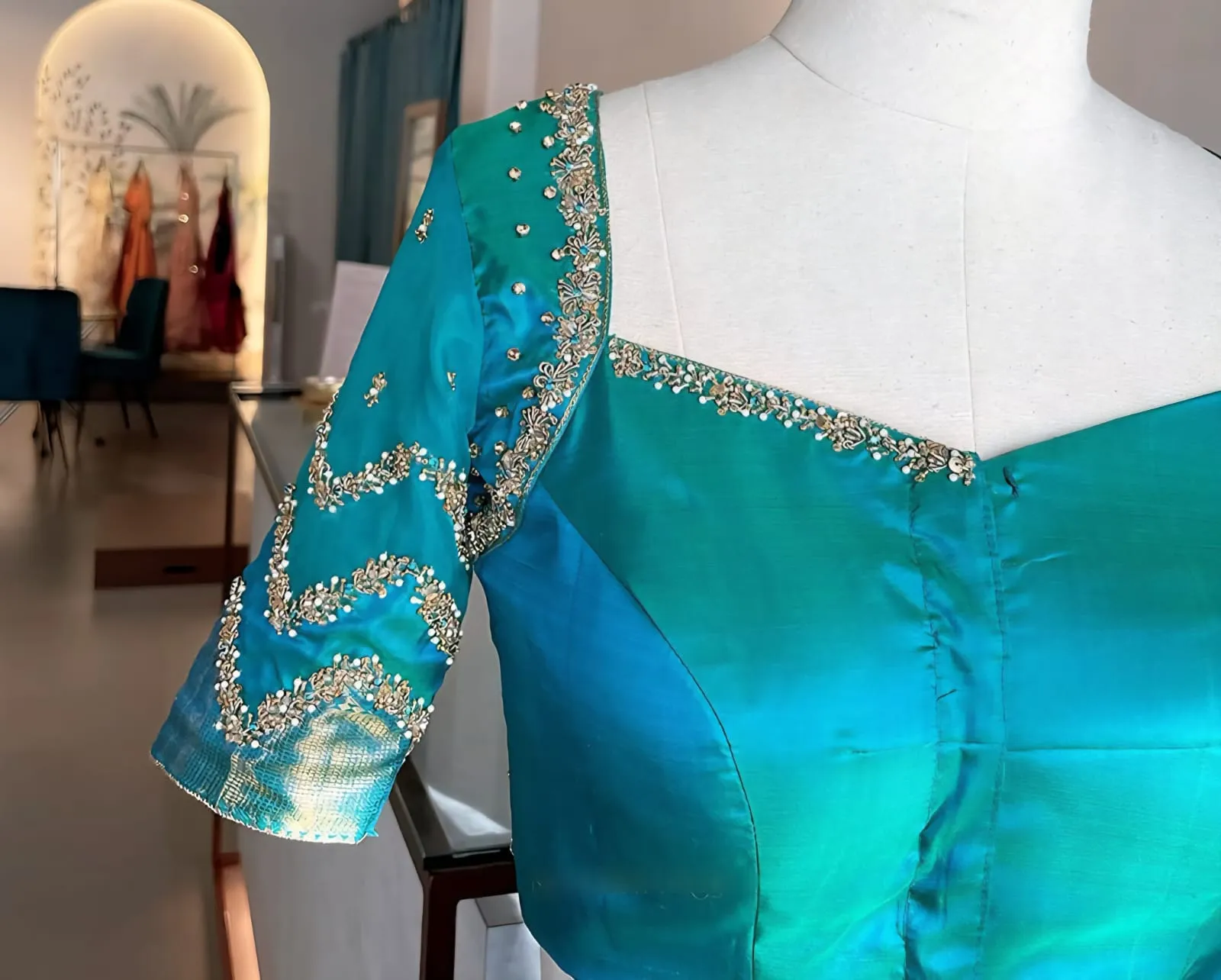 Buy Online Budget-Friendly Sky Blue Maggam Work Blouse Trending Festive Wear Under ₹3500