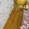 Buy Online Mustard Yellow Maggam Work Long Frock Set Ready-to-Wear Designer Outfit Under 8K Custom Sizes Available