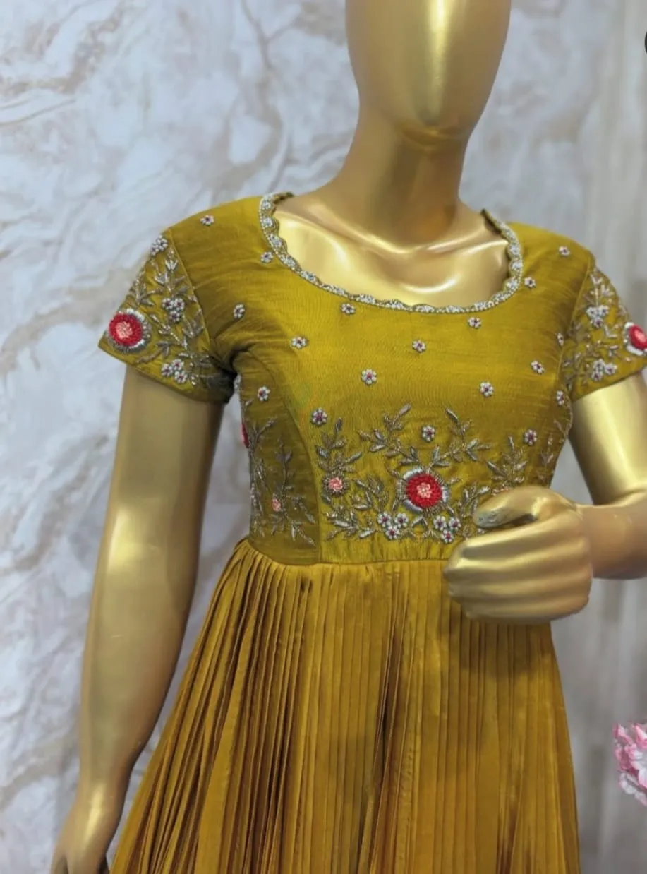 Buy Online Mustard Yellow Maggam Work Long Frock Set Ready-to-Wear Designer Outfit Under 8K Custom Sizes Available