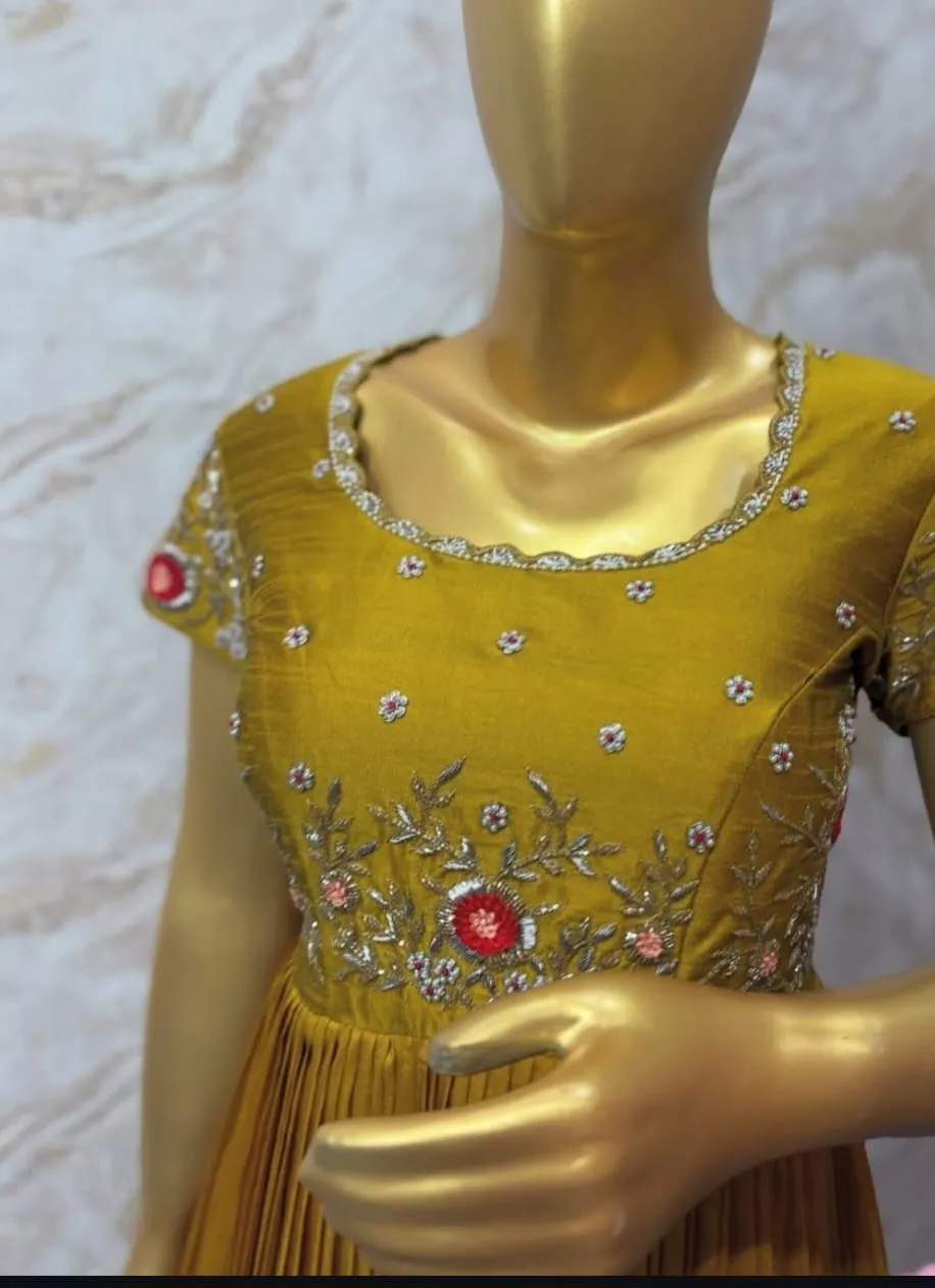 Buy Online Mustard Yellow Maggam Work Long Frock Set Ready-to-Wear Designer Outfit Under 8K Custom Sizes Available