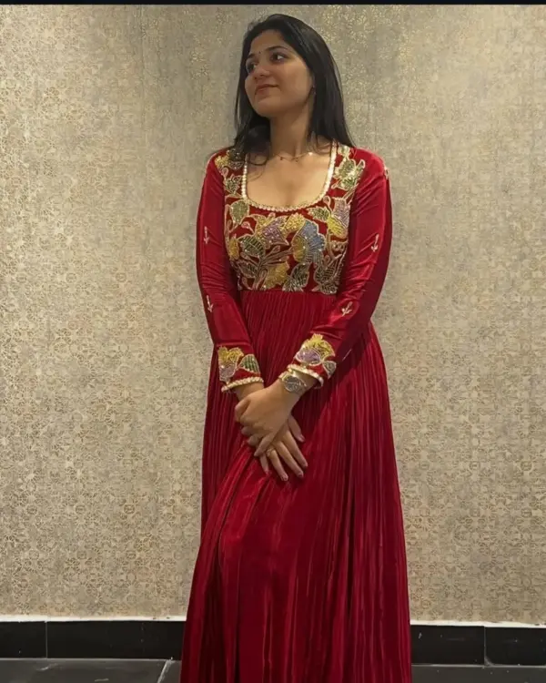 Buy Online Premium Maroon Maggam Work Long Frock Ready to Wear & Custom Size Party Wear Under 8K