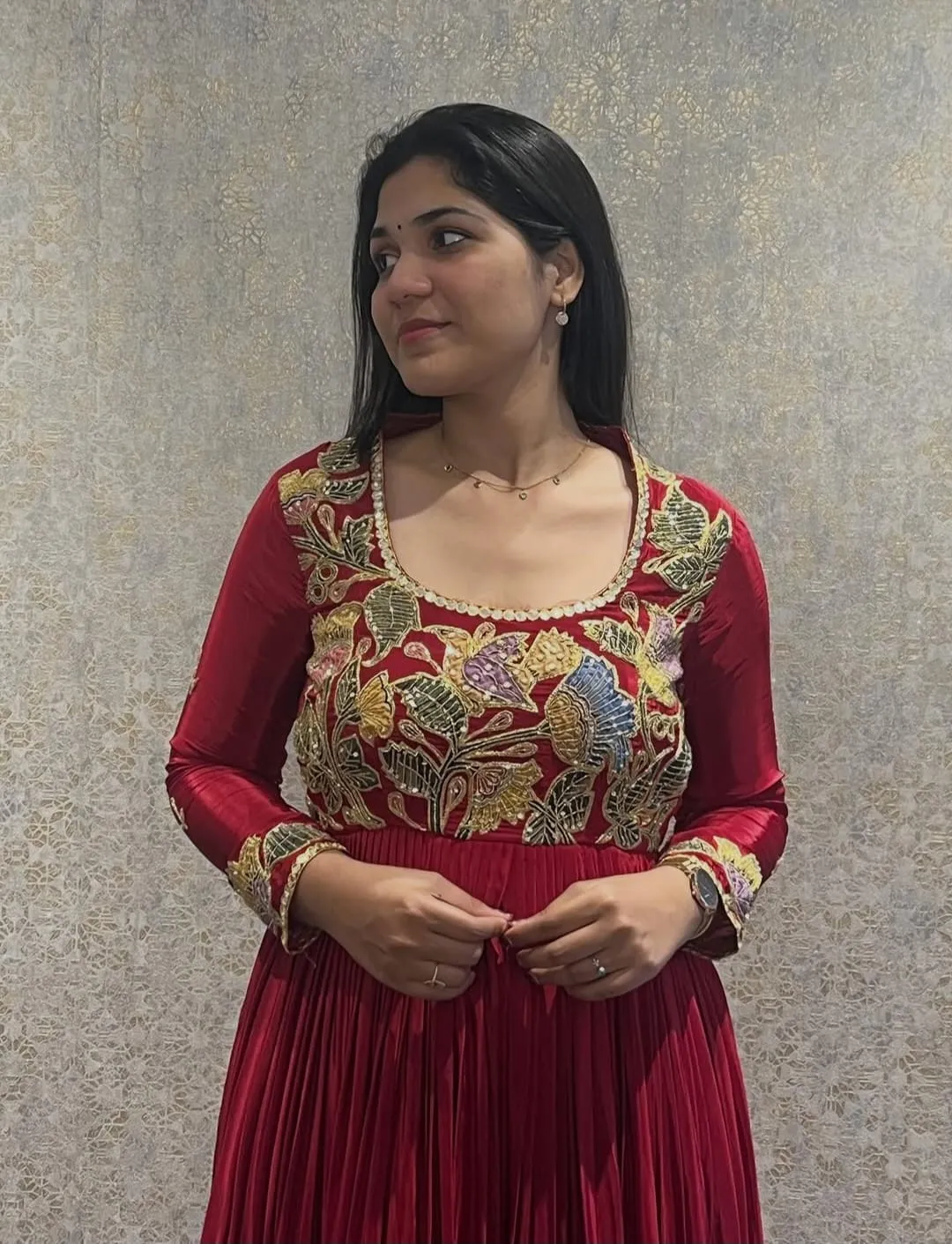 Buy Online Premium Maroon Maggam Work Long Frock Ready to Wear & Custom Size Party Wear Under 8K