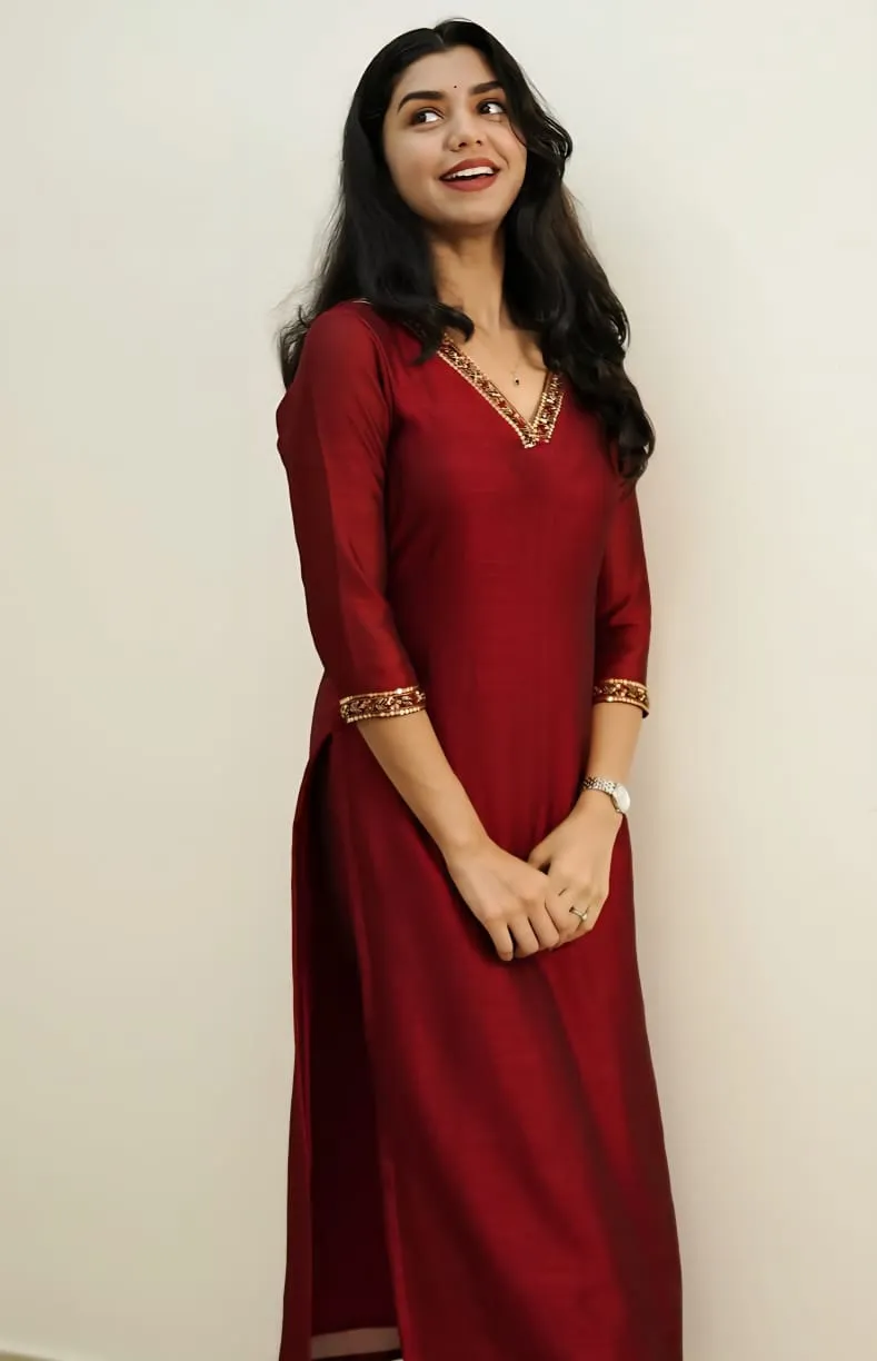 Buy Online Red Latest Maggam Work Ready-to-Wear Kurti Set Budget-Friendly Under ₹3k Custom Sizes Available