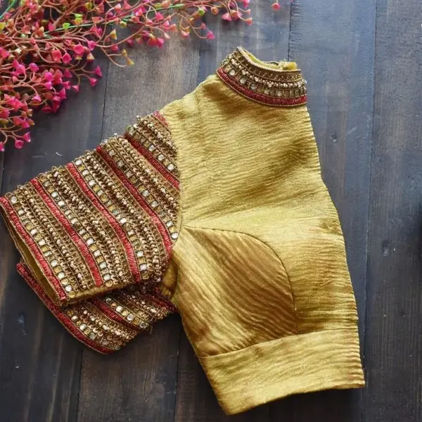 Buy Online Stylish Golden Yellow Maggam Work Blouse Latest Collar Neck Trend Custom Tailored Under ₹4000