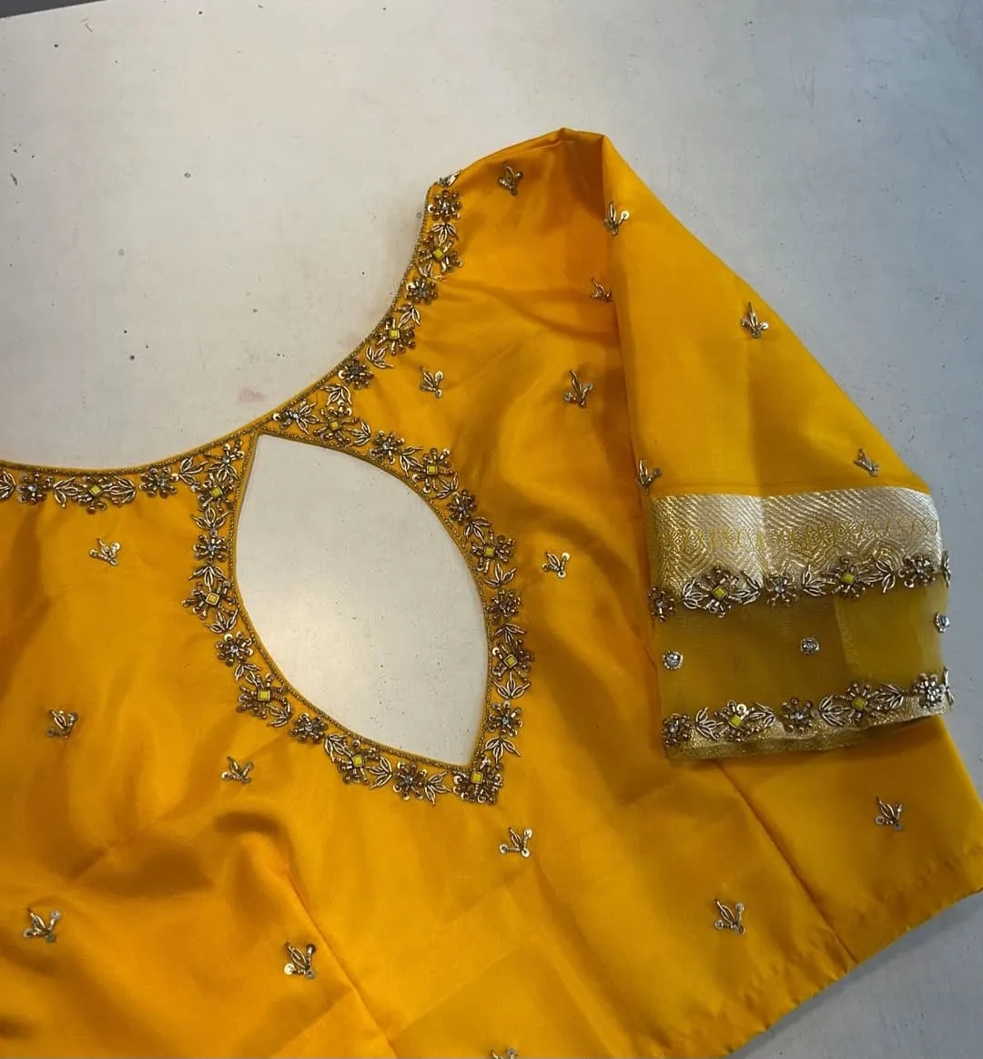Exclusive Mustard Yellow Maggam Work Net Blouse Trending Wedding Wear
