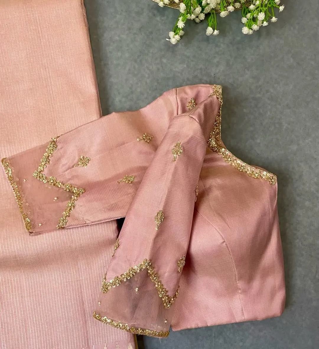 Handcrafted Peach Net Zardosi Maggam Blouse Premium Designer Wear