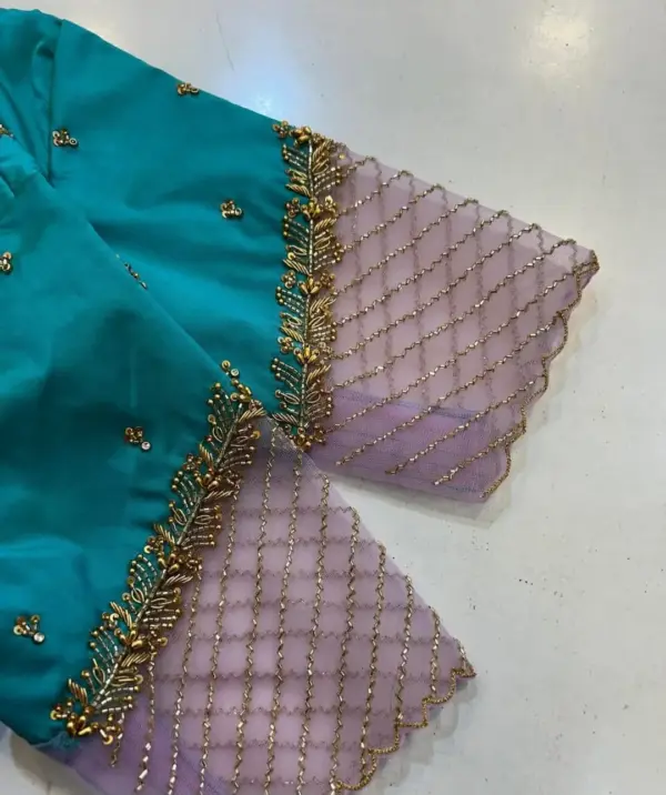 Latest Blue Net Checks Maggam Work Blouse Premium Stylish Bridal Wear