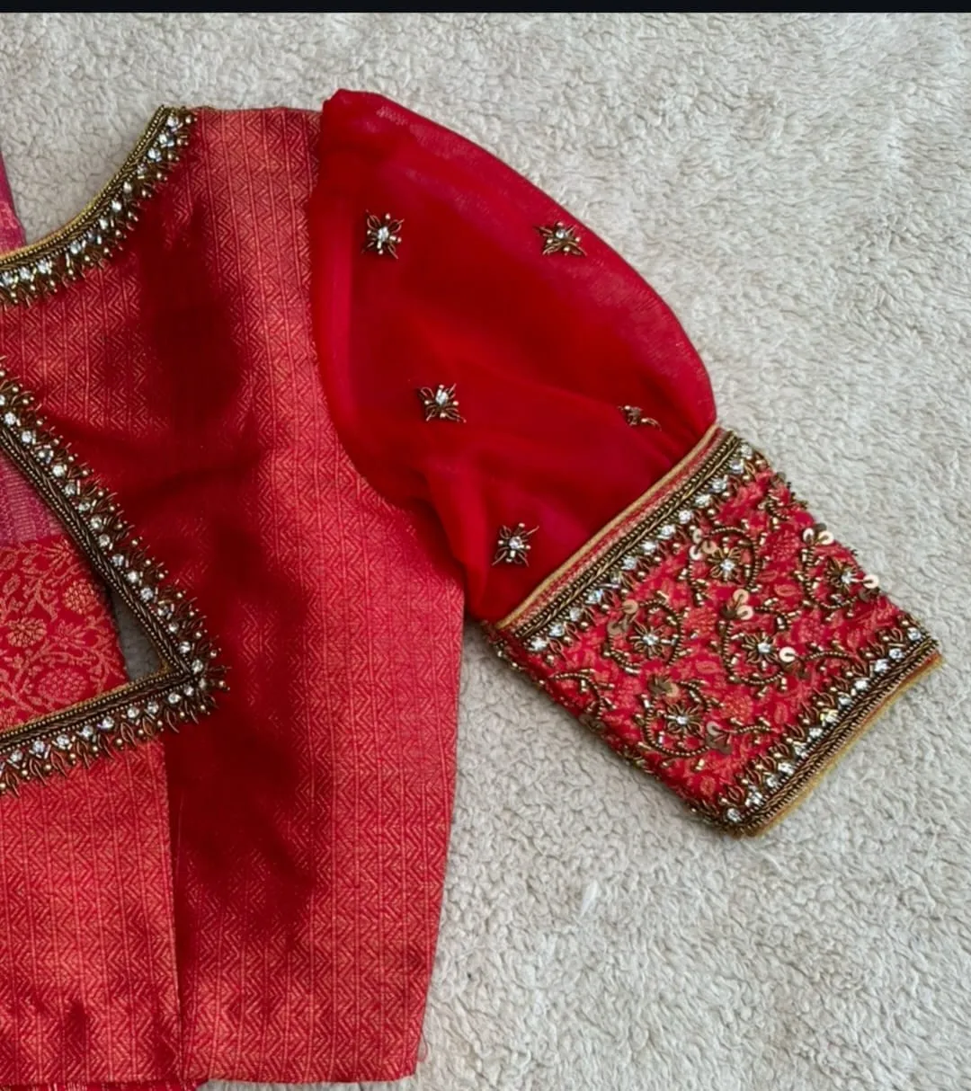 Showstopping Red Maggam Work Wedding Blouse Elegant Layered Puff Sleeve Design