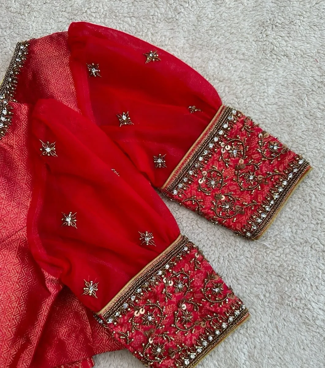 Showstopping Red Maggam Work Wedding Blouse Elegant Layered Puff Sleeve Design