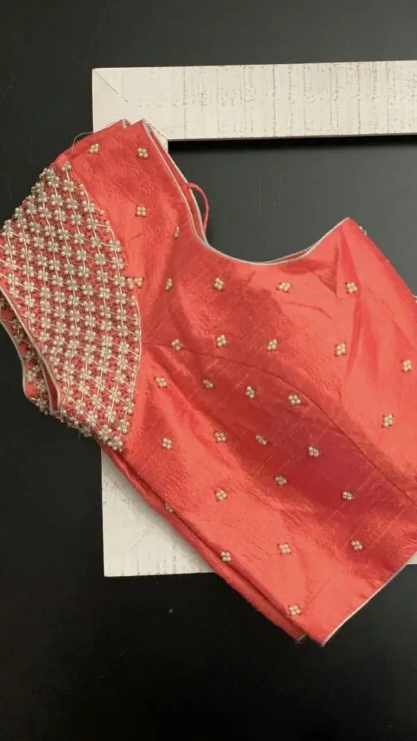 Stunning Orange Pearl Checks Maggam Work Blouse Premium Bridal Wear