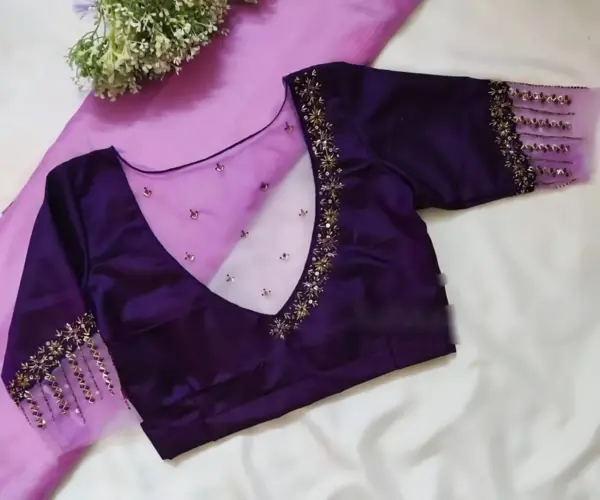 Buy Online Deep Purple Net Party Wear Maggam Work Blouse Elegant Designer Piece in Custom Sizes