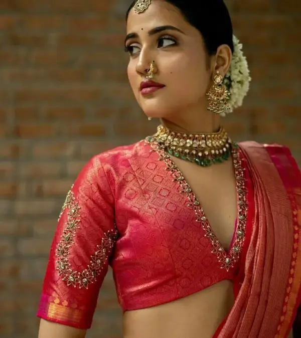 Buy Online Red Bajuband Maggam Work Blouse Under ₹3000 Luxury Bridal Look in Budget