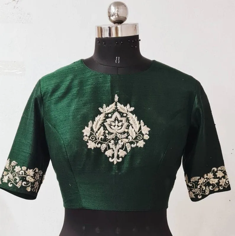Designer Bottle Green Maggam Blouse  Trending High Neck Pattern  Affordable Custom Tailored Fit