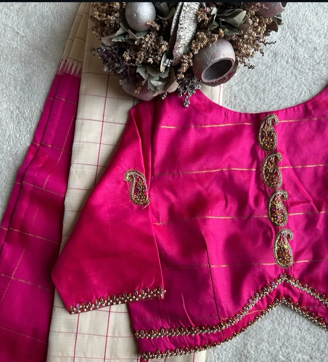 Designer Pink High Neck Party Wear Maggam Work Blouse Luxury Look for Sarees Affordable Price & Custom Fit