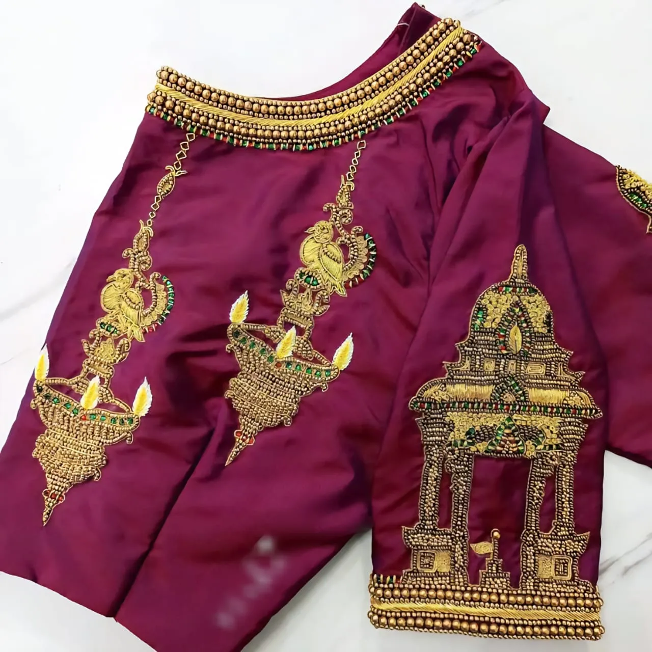 Divine Bridal Blouse Maroon Tanjore Painting with Saraswathi Devi Grand Maggam Work Custom Fit